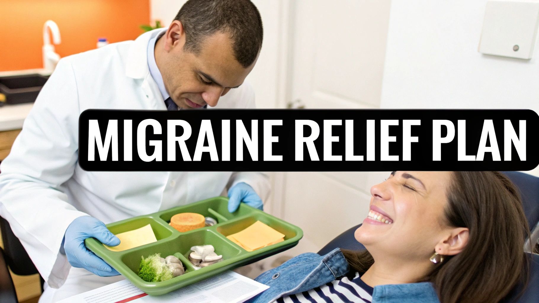 A doctor in a white coat presents a food tray for a migraine relief plan to a smiling patient.