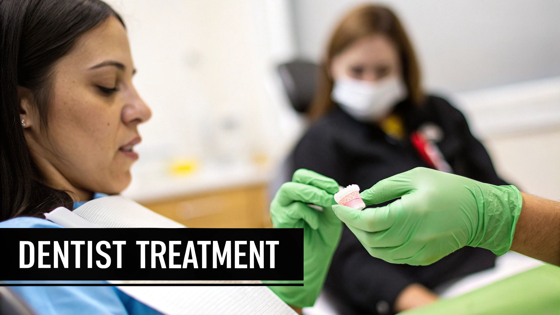 A patient listens attentively in a dental chair while a person in green gloves shows a dental model.