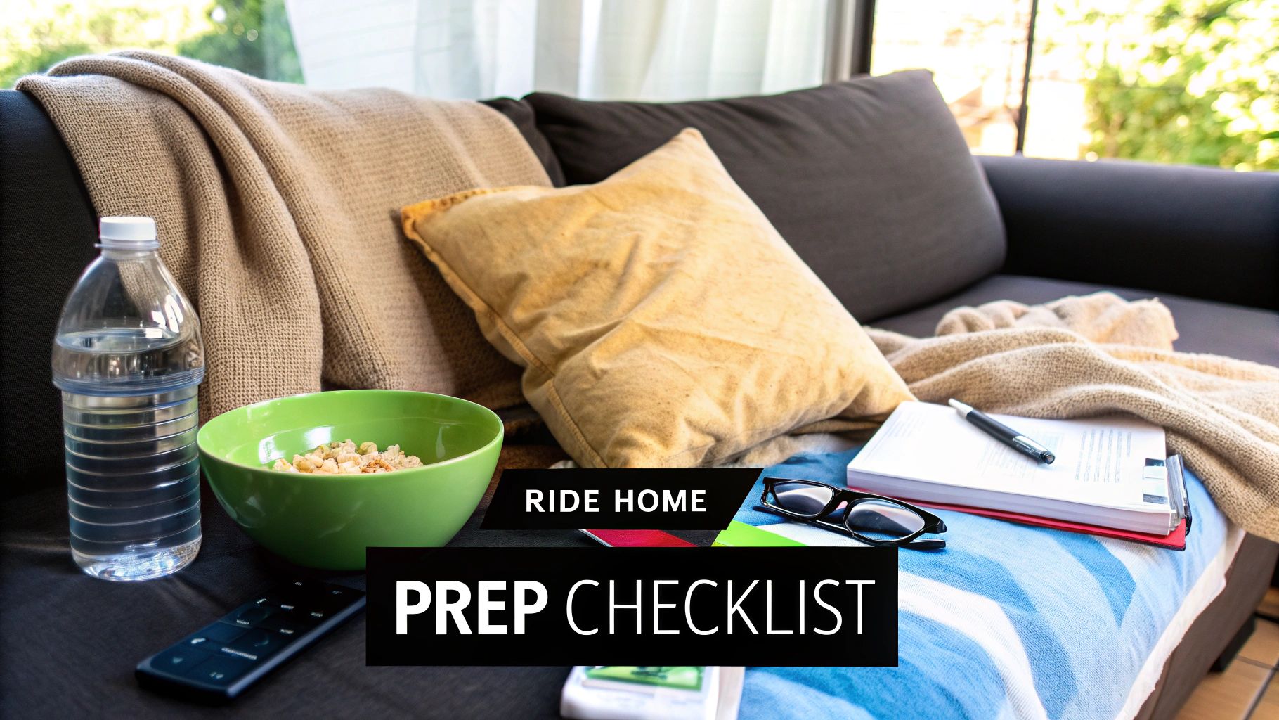 A cozy sofa scene with a blanket, pillow, water bottle, snacks, remote, notebook, and glasses, labeled 'Prep Checklist'.