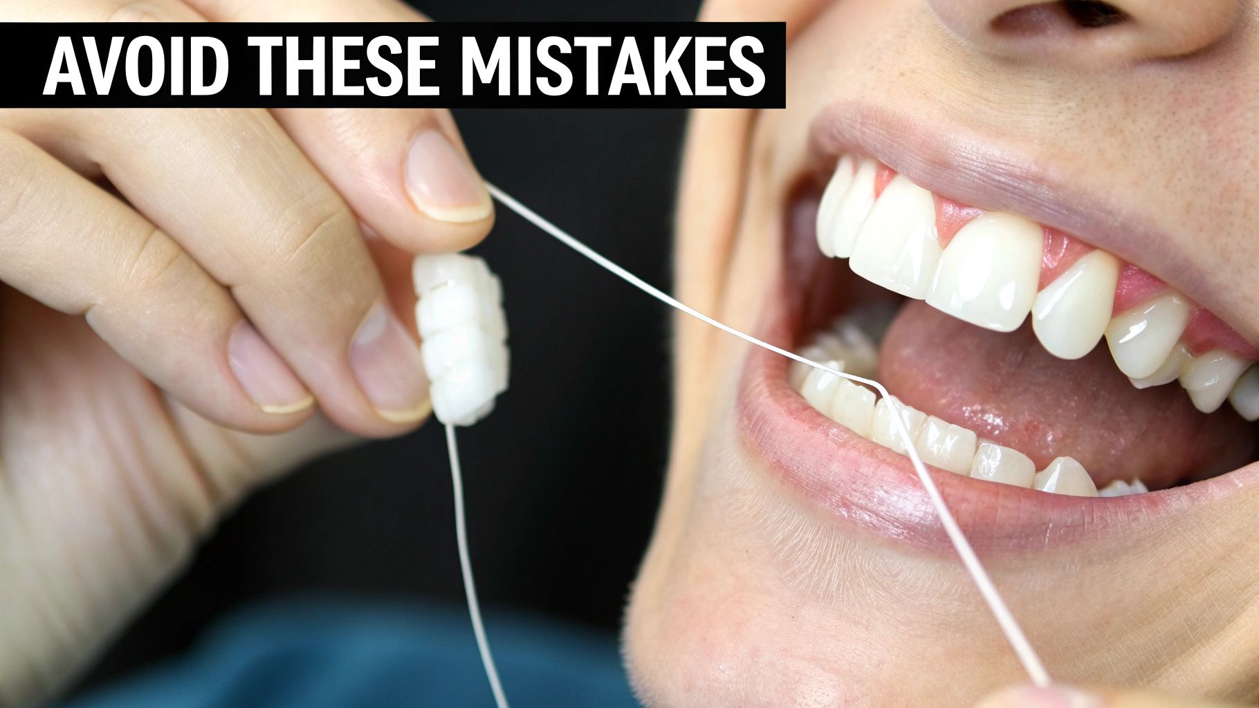 A person uses dental floss to clean between their teeth, promoting proper oral care.