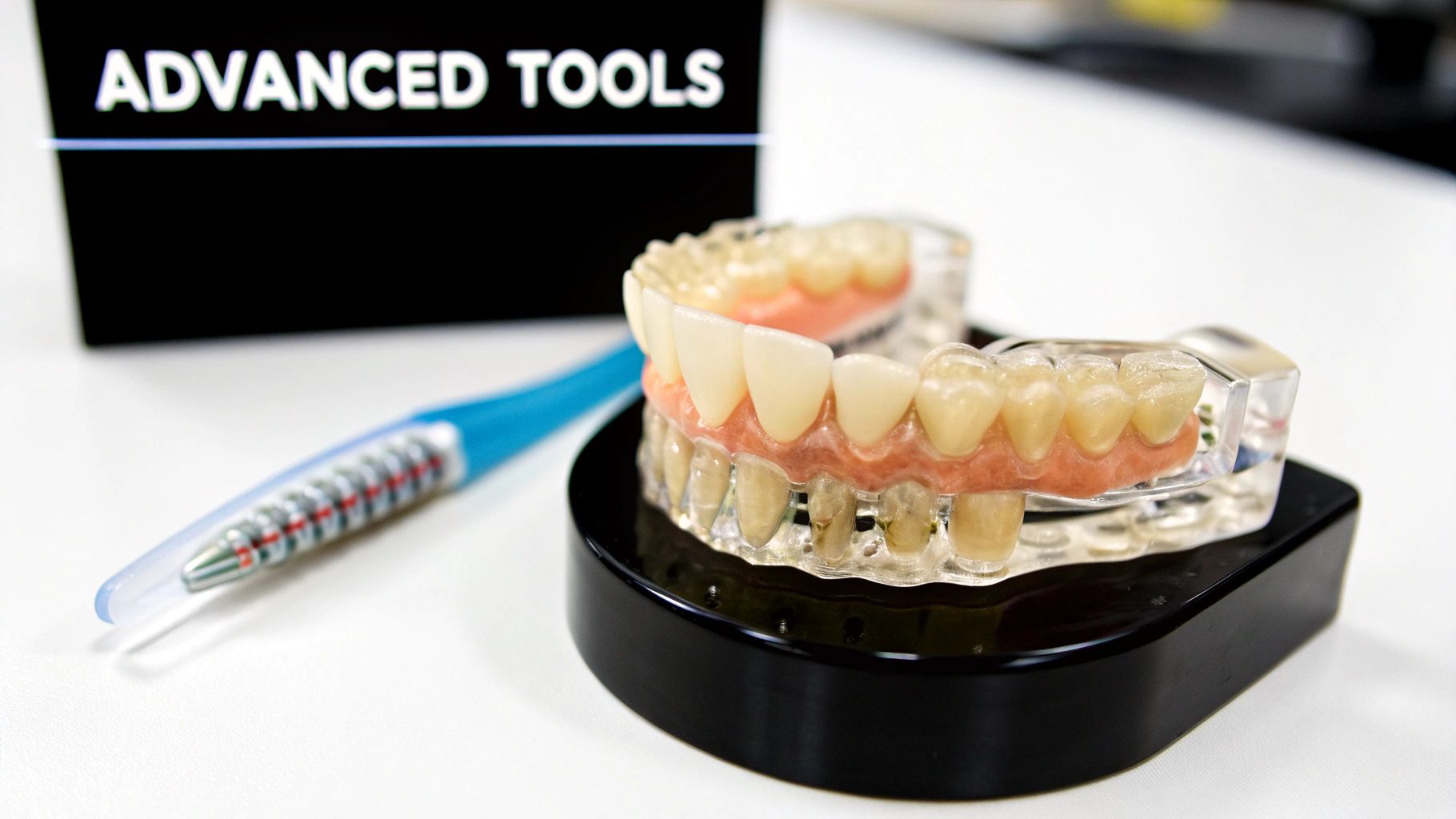A close-up of a detailed dental model, a blue tool, and an 'ADVANCED TOOLS' sign on a white surface.
