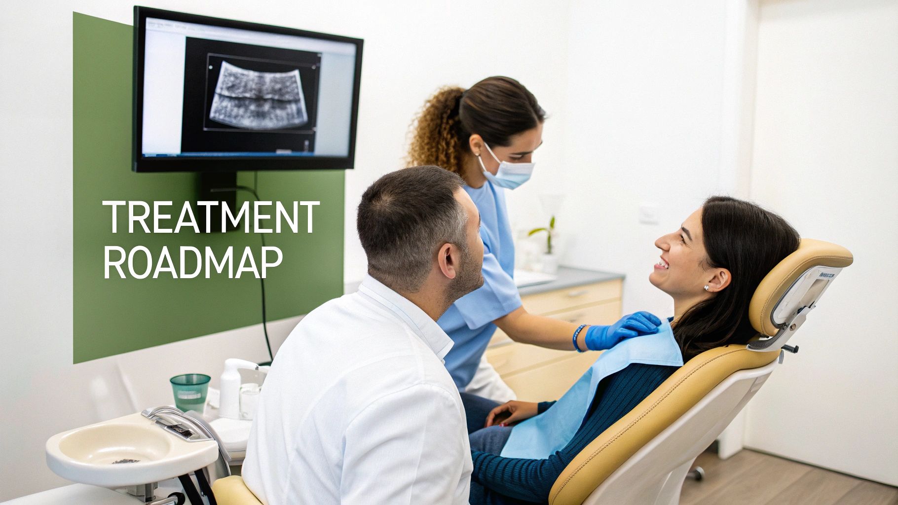 Dental staff review X-rays with a happy patient, showing a treatment roadmap on screen.