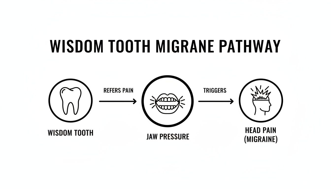 Diagram illustrating how wisdom tooth pain refers to jaw pressure, triggering a migraine.