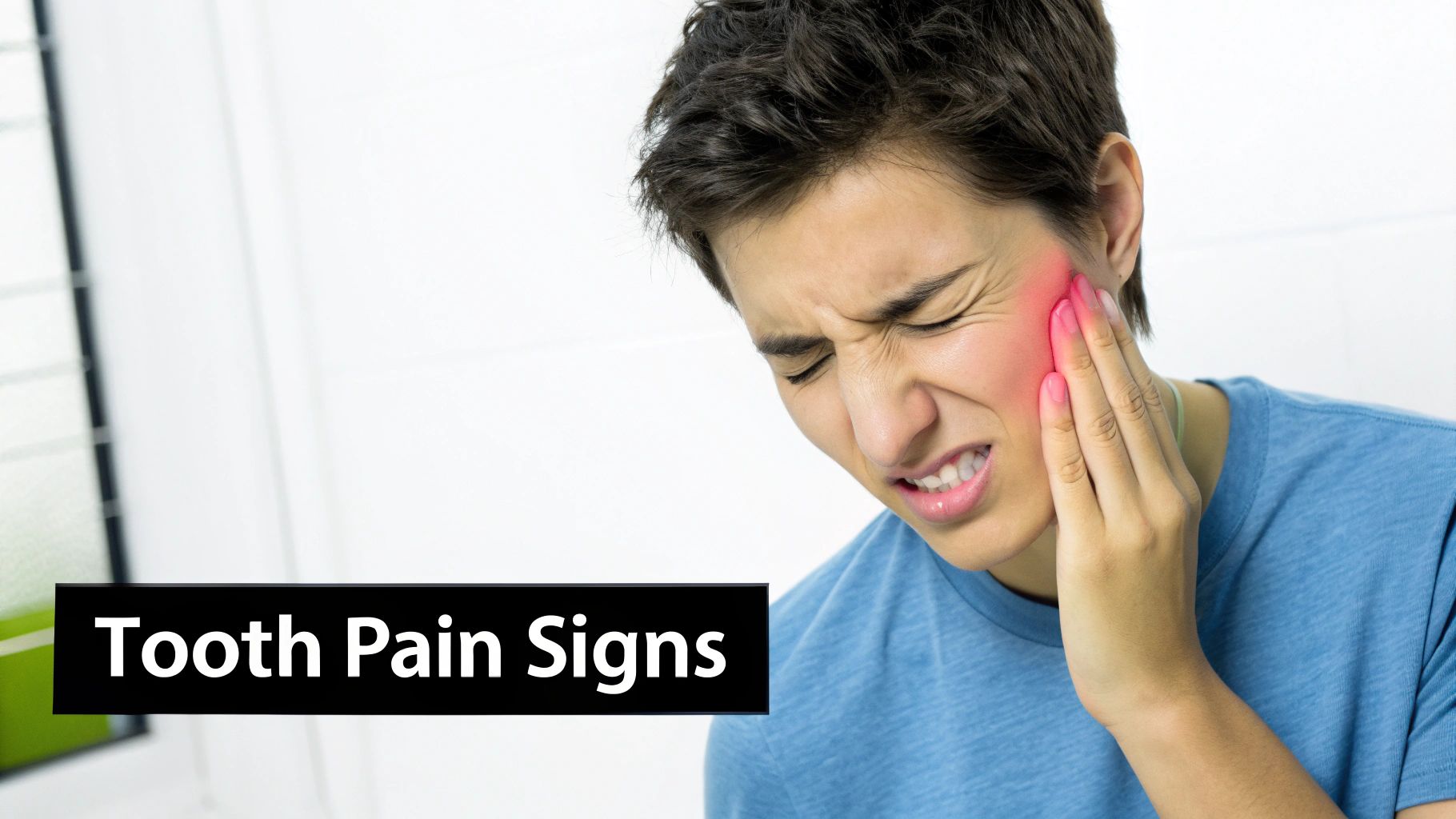 A person pointing to their jaw, indicating tooth pain