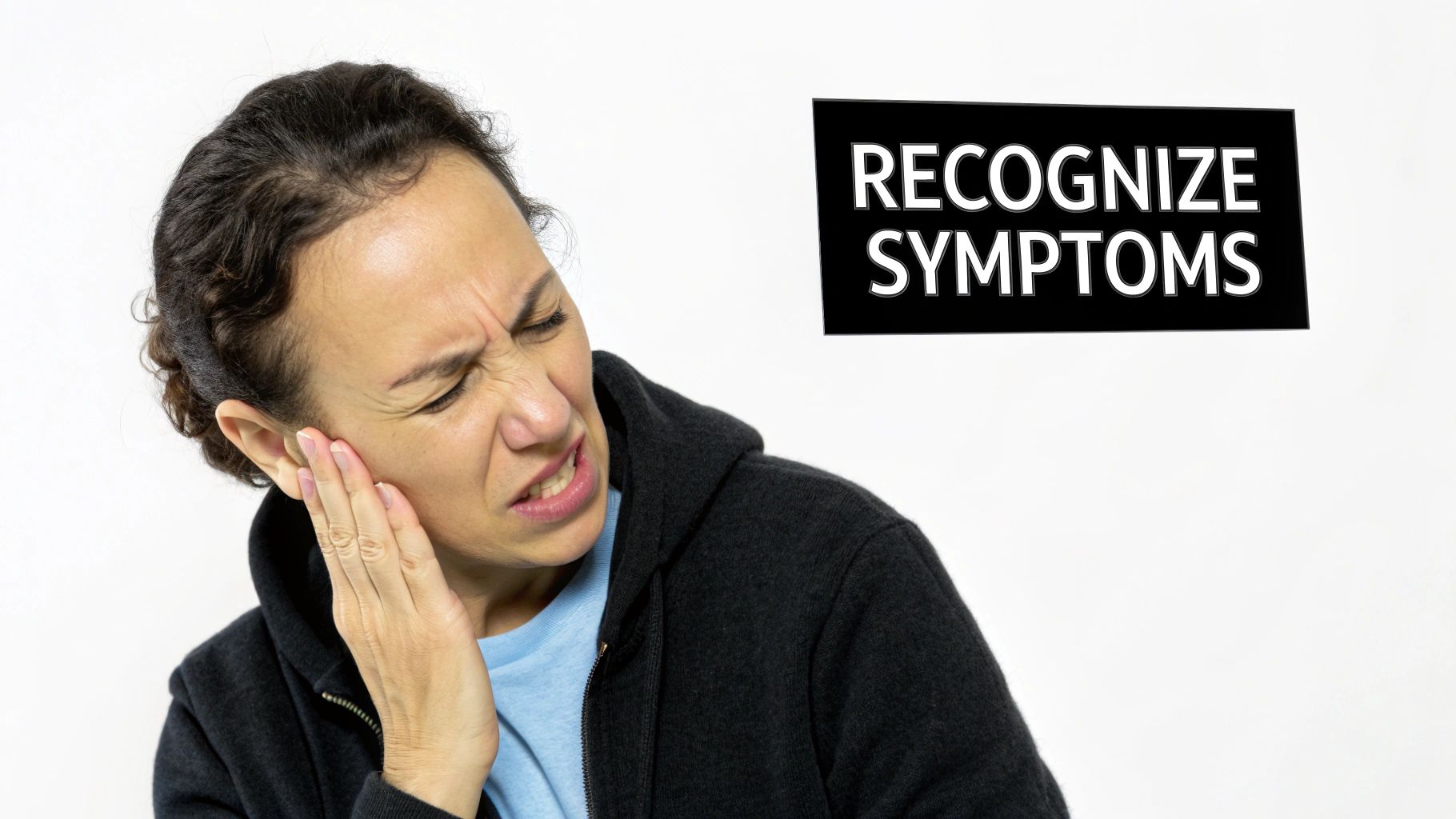 A person clutches their ear with a pained expression next to text 'RECOGNIZE SYMPTOMS'.