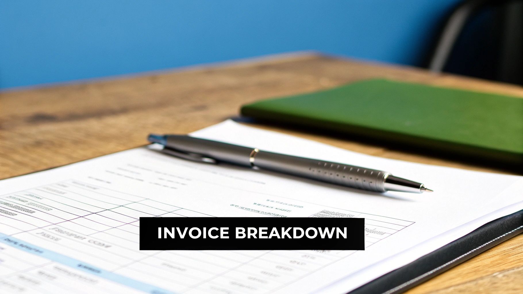 Invoice breakdown document on wooden desk with pen and green notebook for dental implant costs