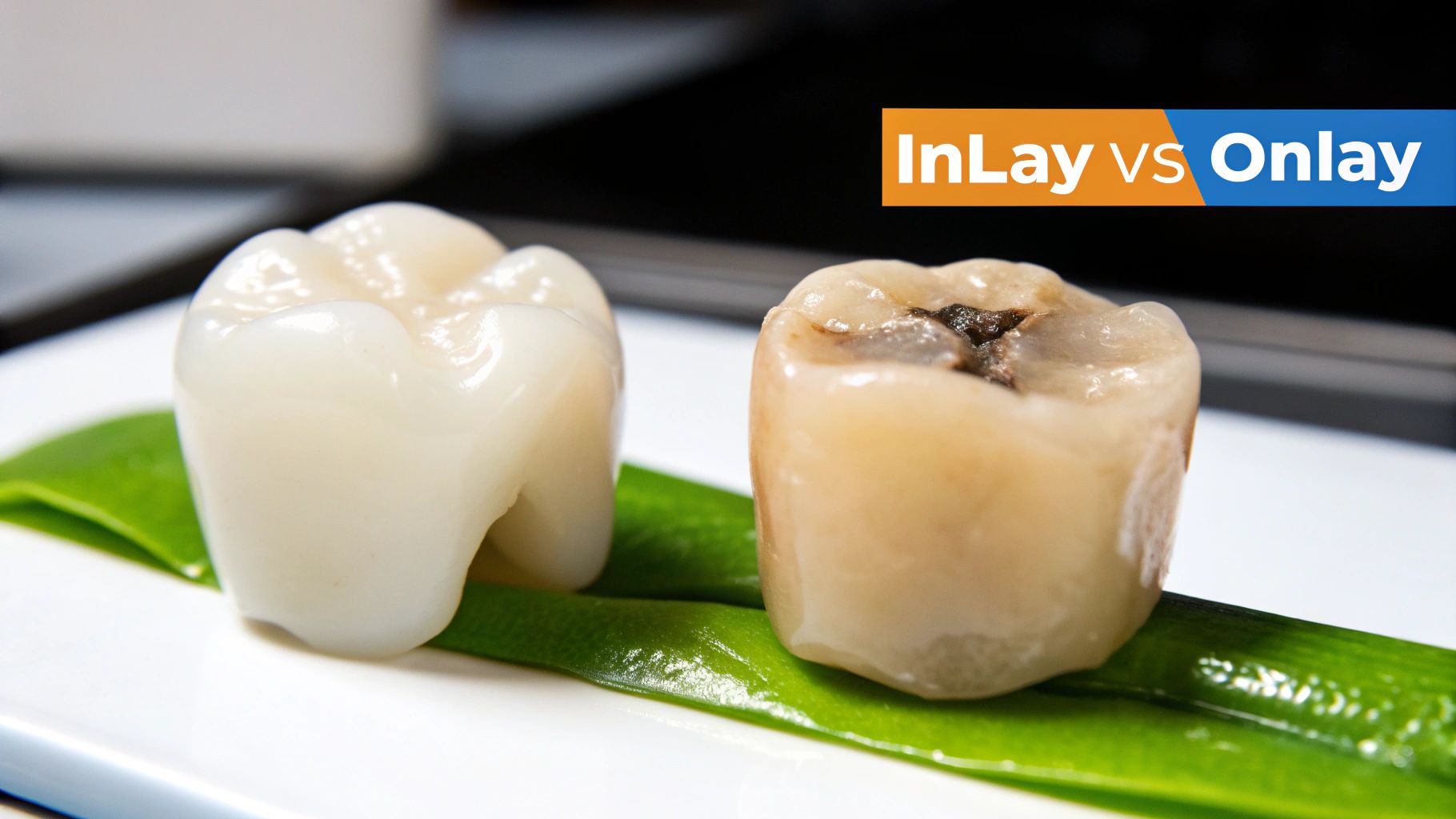 Two dental models, one healthy and one with a cavity, illustrating Inlay vs Onlay dental restorations.