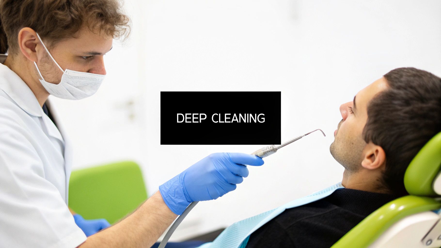 A dentist wearing a mask and gloves performs a deep cleaning on a male patient in a dental chair.