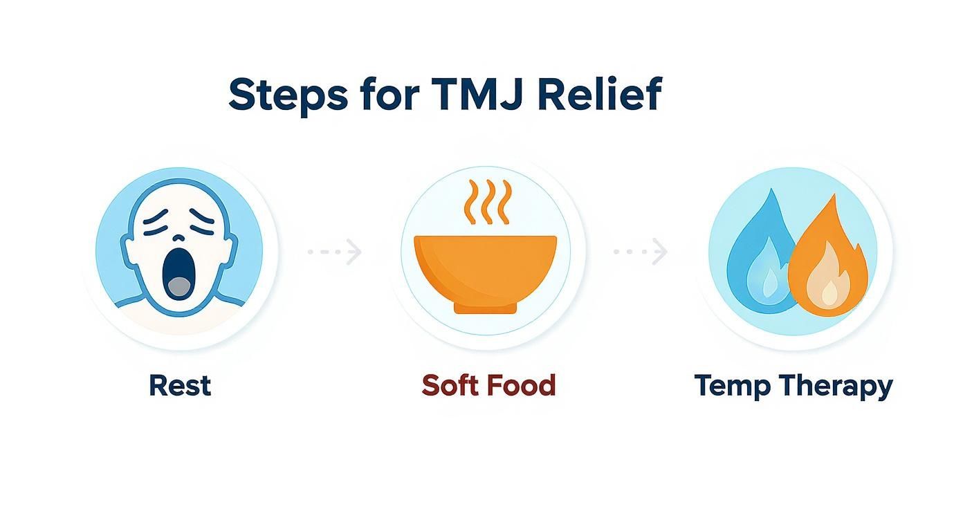 An infographic showing three steps for TMJ relief: rest, soft food, and temperature therapy with icons.