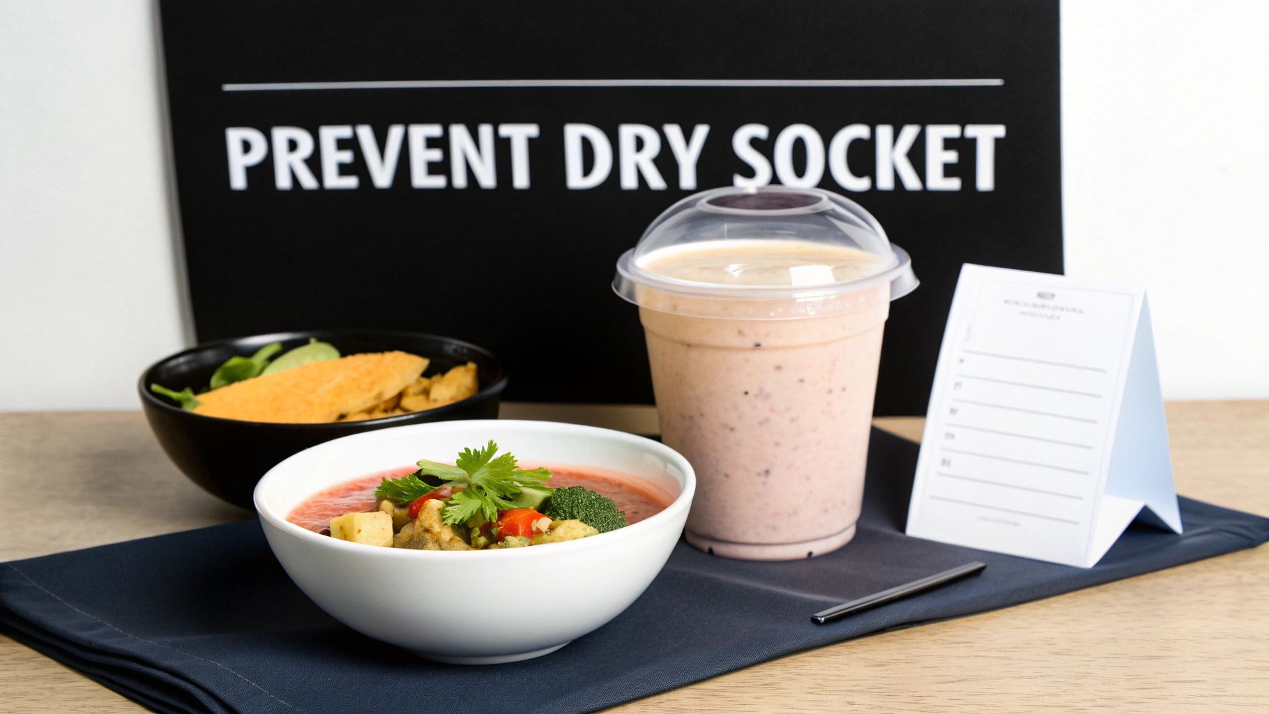 Soft food items like soup and smoothie on a table with a 'Prevent Dry Socket' sign.