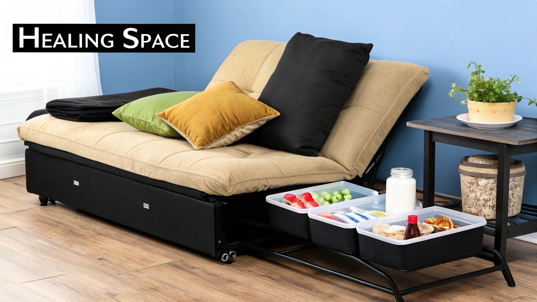 A comfortable daybed with multiple pillows and blankets, alongside a side table with a plant and food storage bins.
