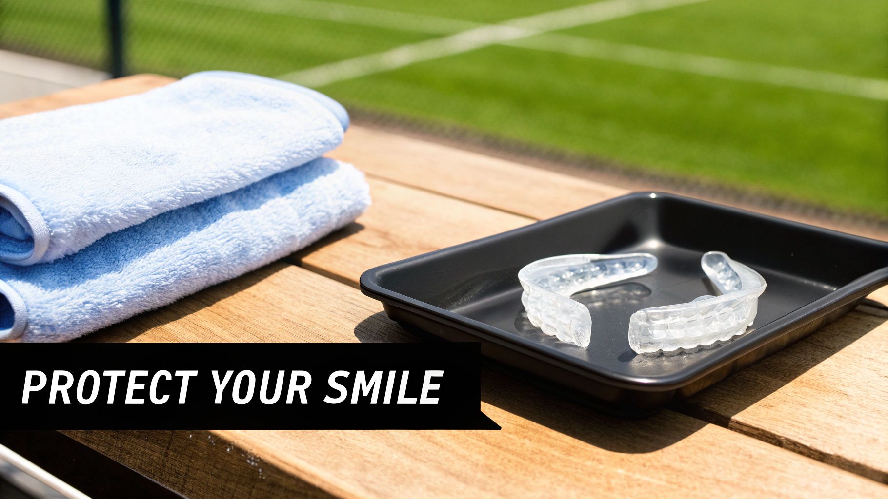Two clear mouthguards in a black tray next to blue towels on a wooden table, with a sports field in the background.