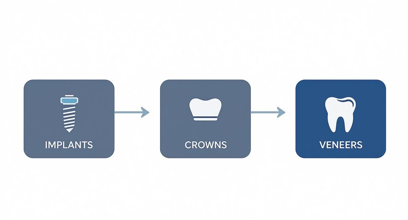 Three dental restoration options showing implants, crowns, and veneers in sequential flow diagram