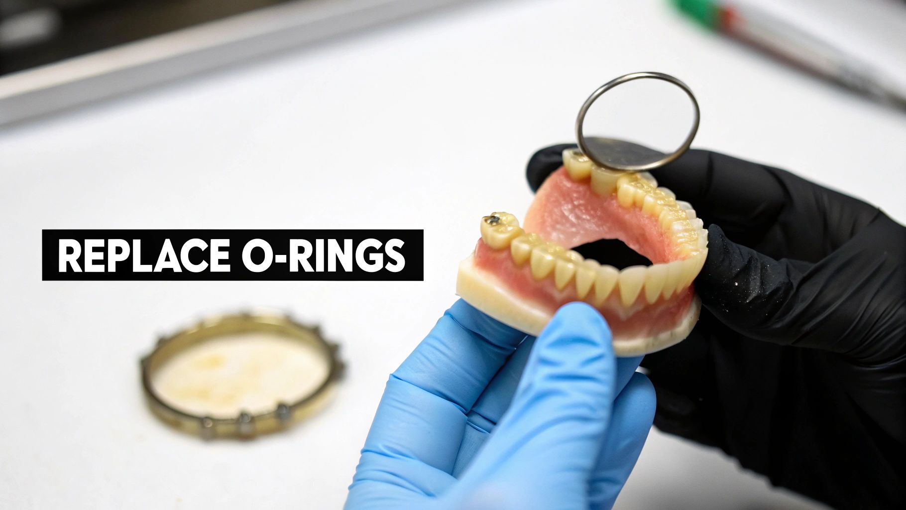 Gloved hands hold a dental model, with a dental mirror inspecting the teeth and text 'REPLACE O-RINGS'.