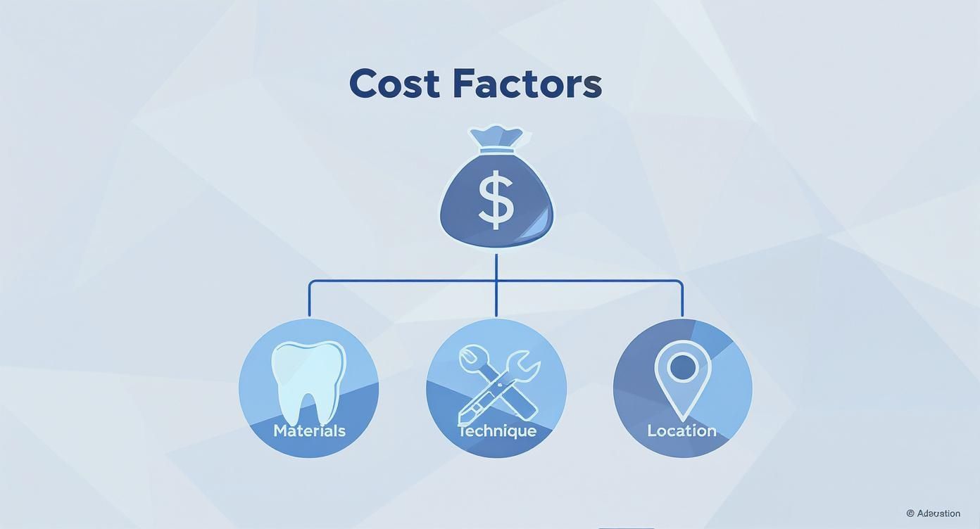 Infographic showing three main cost factors for dental implants: materials, technique, and location
