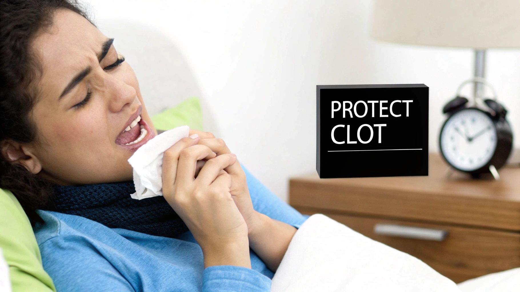 Woman holding tissue to mouth experiencing pain after dental tooth extraction procedure