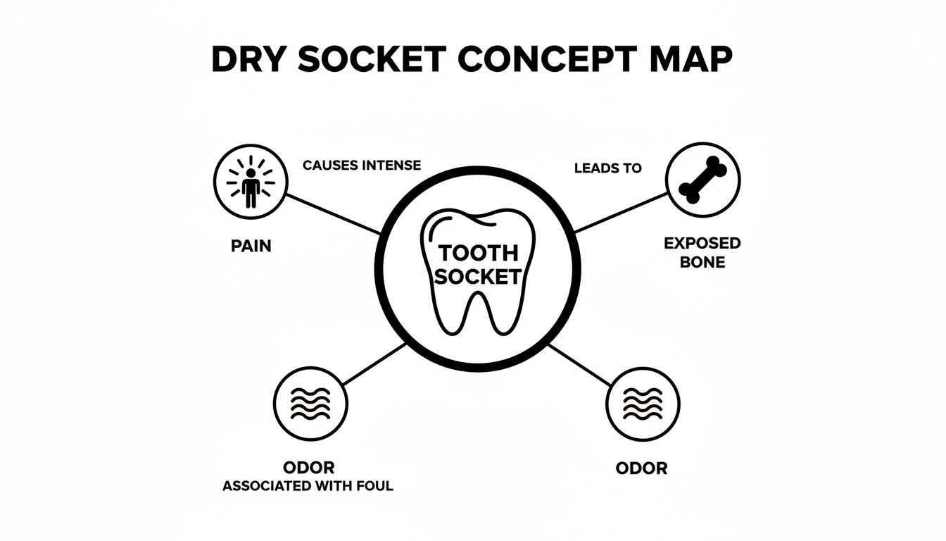 Concept map showing symptoms and characteristics of a dry tooth socket, including pain, exposed bone, and foul odor.