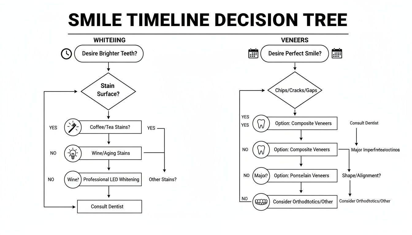 Smile improvement decision tree comparing teeth whitening for stains and veneers for chips, cracks, or gaps.