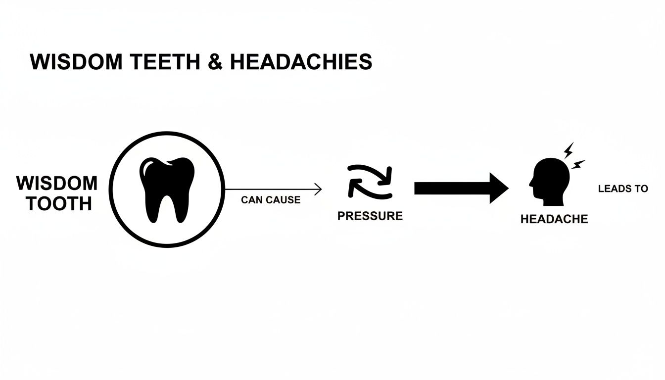 Diagram showing how a wisdom tooth can cause pressure, which then leads to a headache.