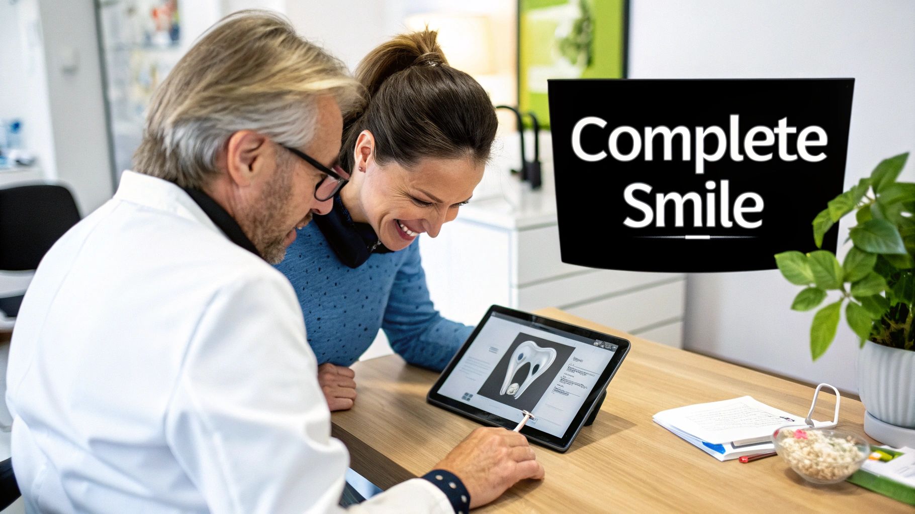 A dentist showing a patient different options for tooth replacement on a model of a human jaw.