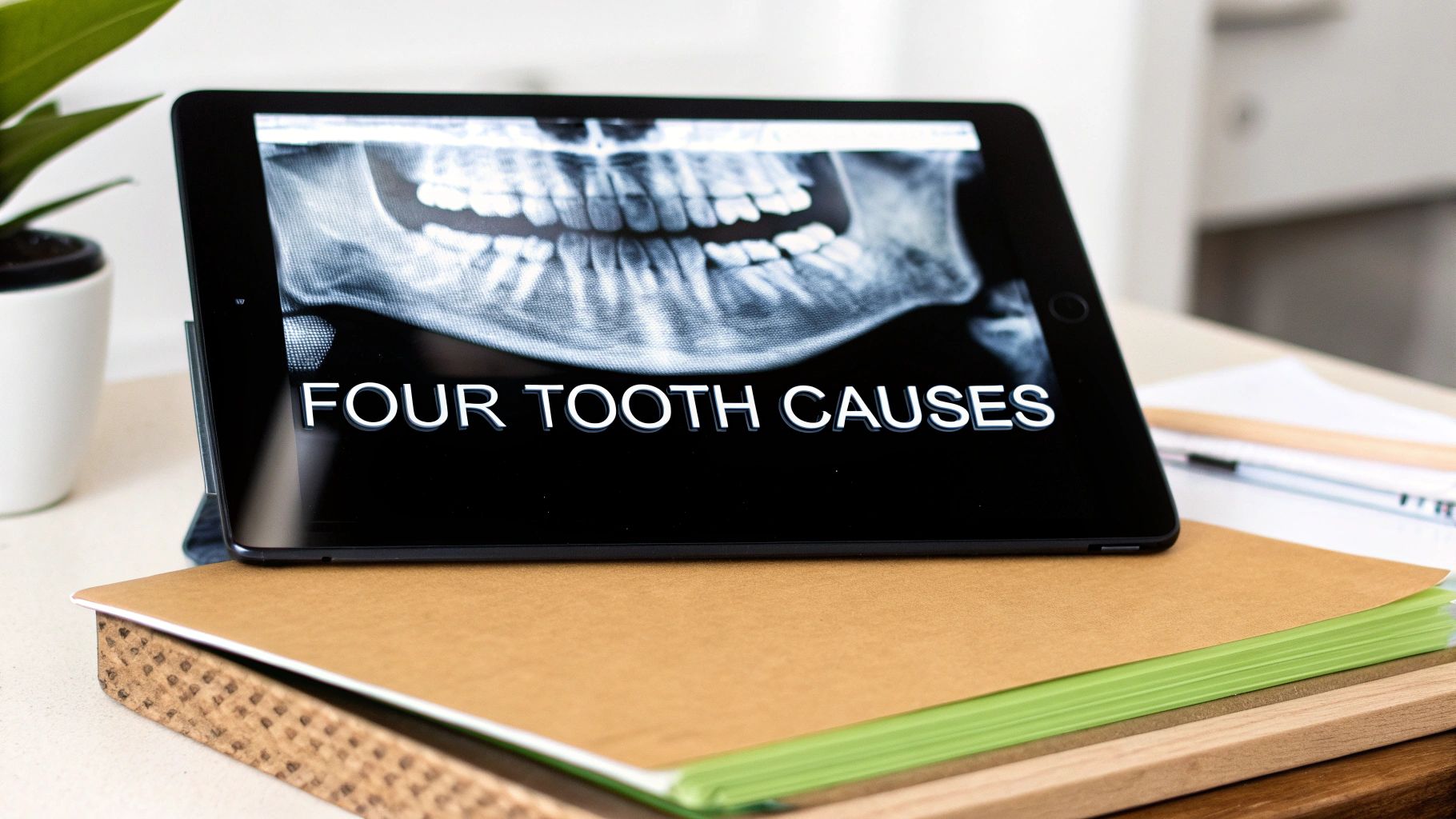 A tablet on a desk displays a dental X-ray image and the text 'FOUR TOOTH CAUSES'.