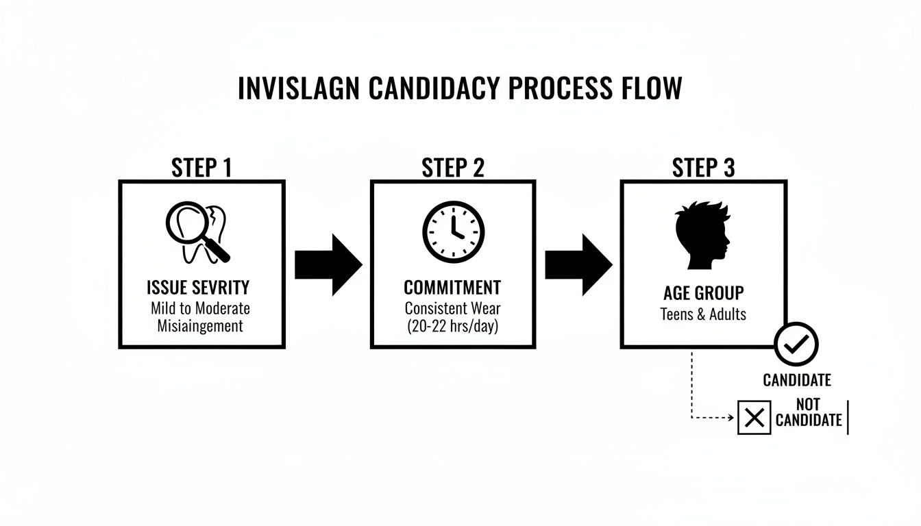 Flowchart detailing Invisalign candidacy based on issue severity, consistent wear commitment, and age group.