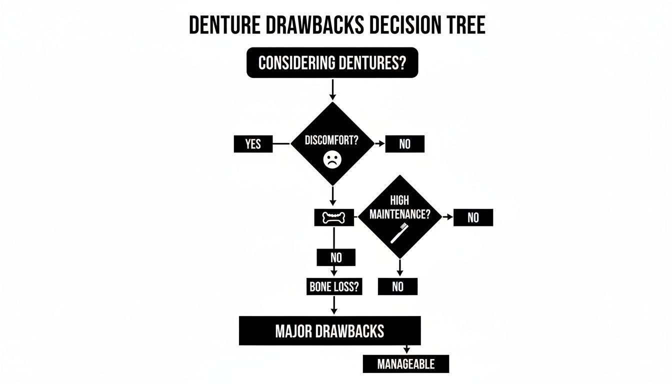 Decision tree flowchart illustrating potential drawbacks and considerations for dentures, including discomfort and maintenance.