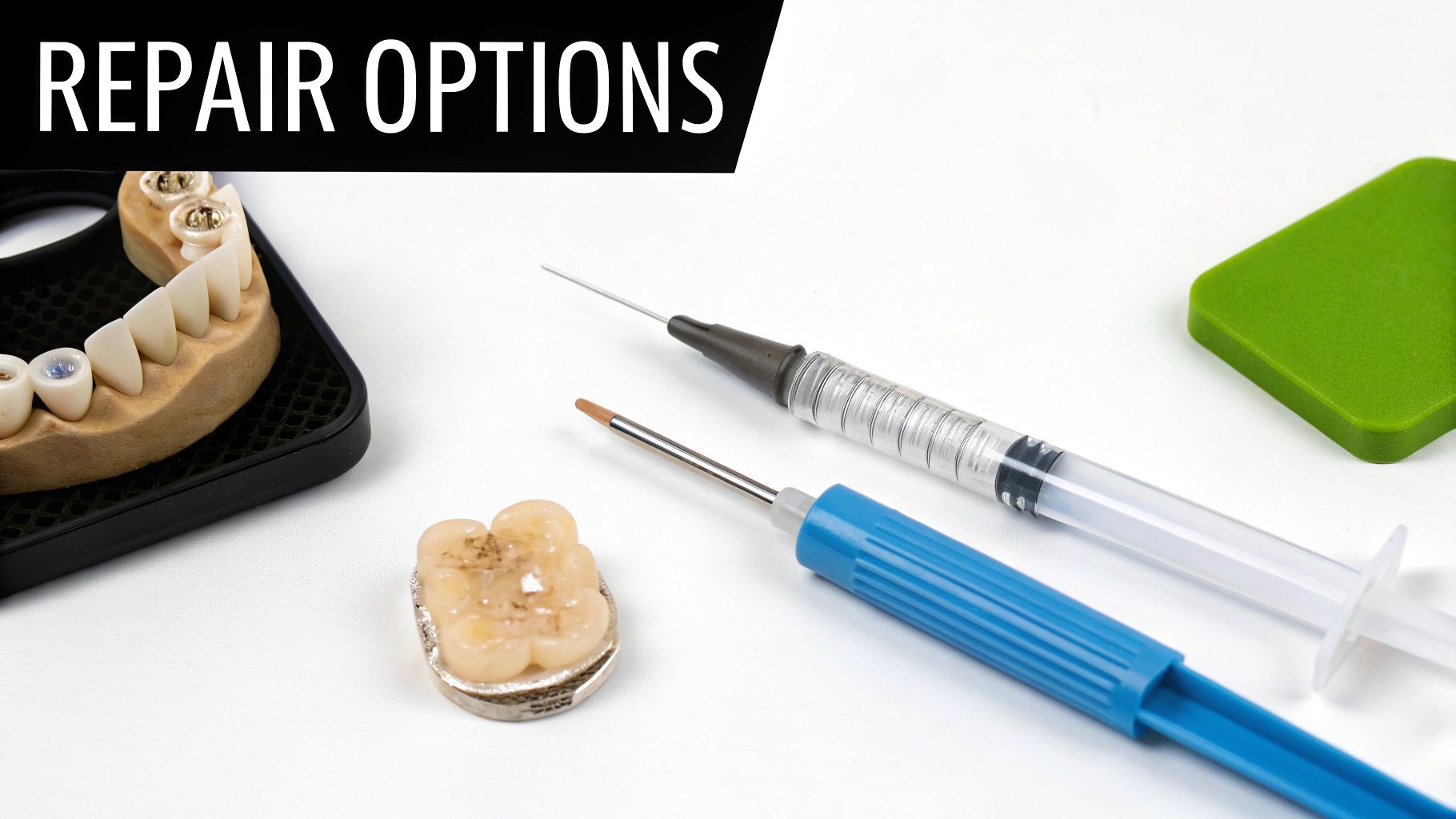 Dental repair options shown with models of teeth, implants, a syringe, and dental tools on a white background.