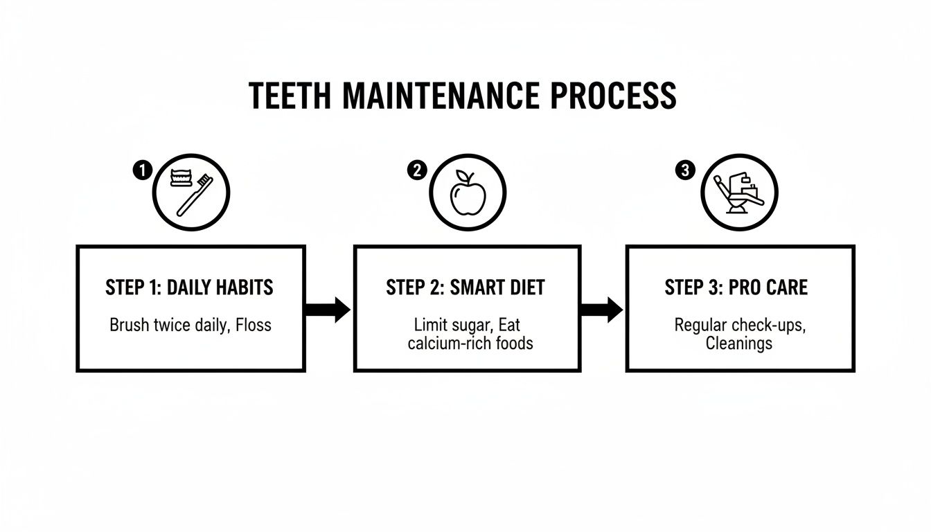 Infographic outlines a 3-step teeth maintenance process: daily habits, smart diet, and professional care.