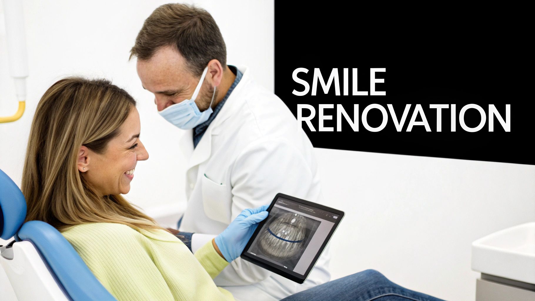 Dentist showing patient dental x-ray on tablet discussing smile renovation treatment plan