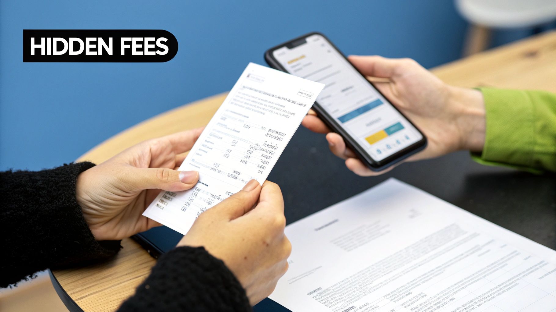 Close-up of hands comparing a paper receipt with a financial app on a smartphone, emphasizing hidden fees.