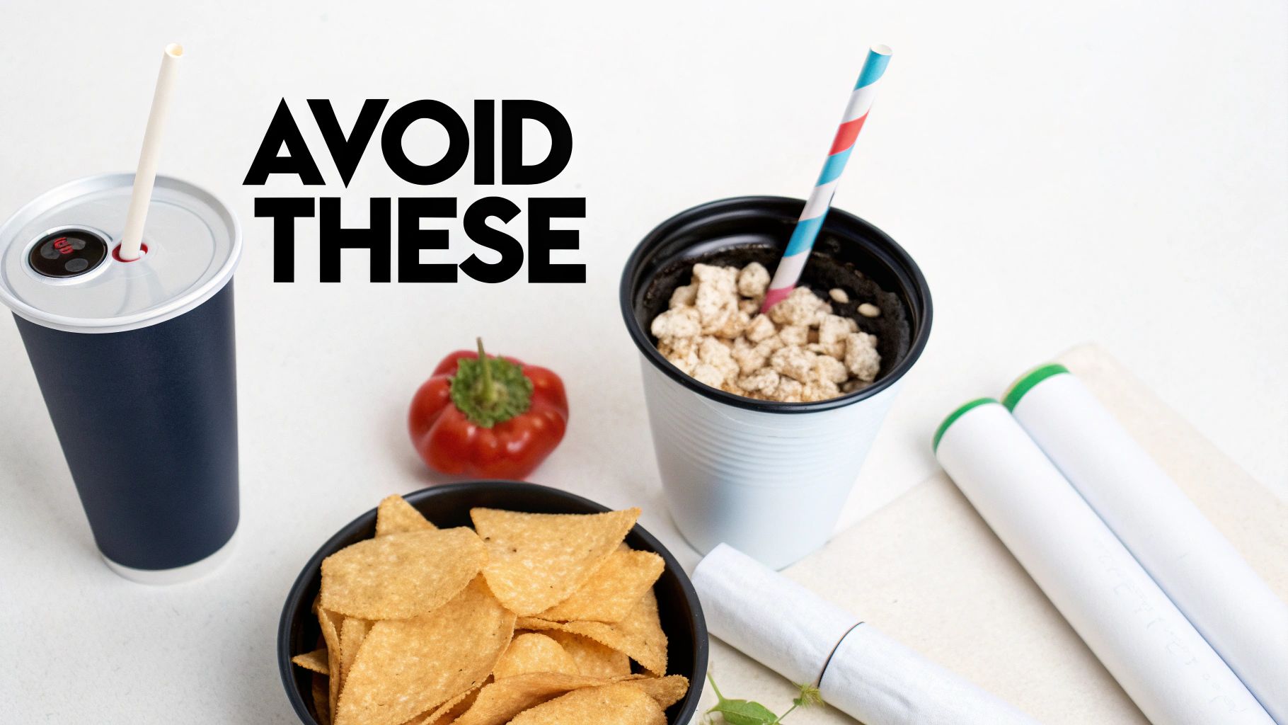 Image with &#39;AVOID THESE&#39; text, showing a soda, tortilla chips, a sugary drink, and a red pepper.