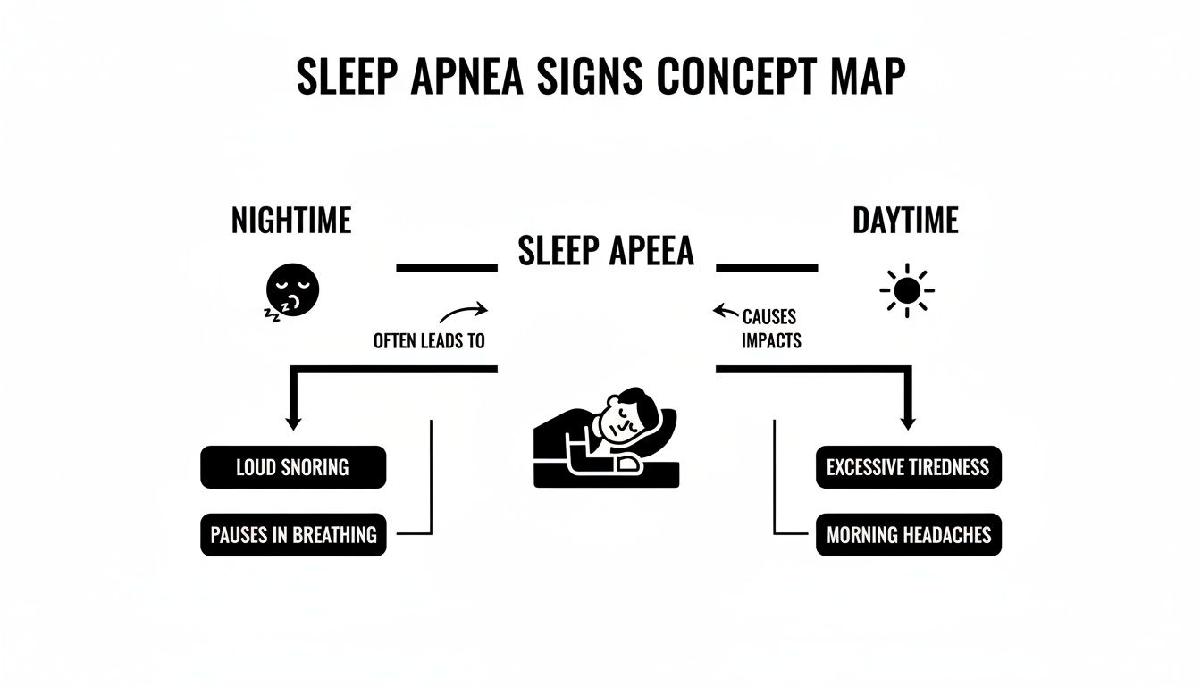 A concept map illustrating the nighttime and daytime signs of sleep apnea in adults.
