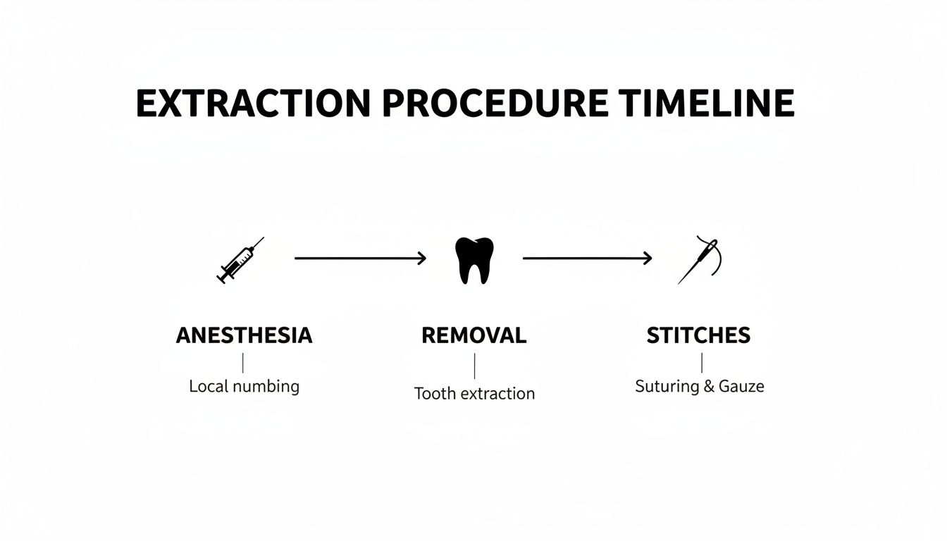 A clear timeline outlining the three main steps of a tooth extraction procedure: anesthesia, removal, and stitches.