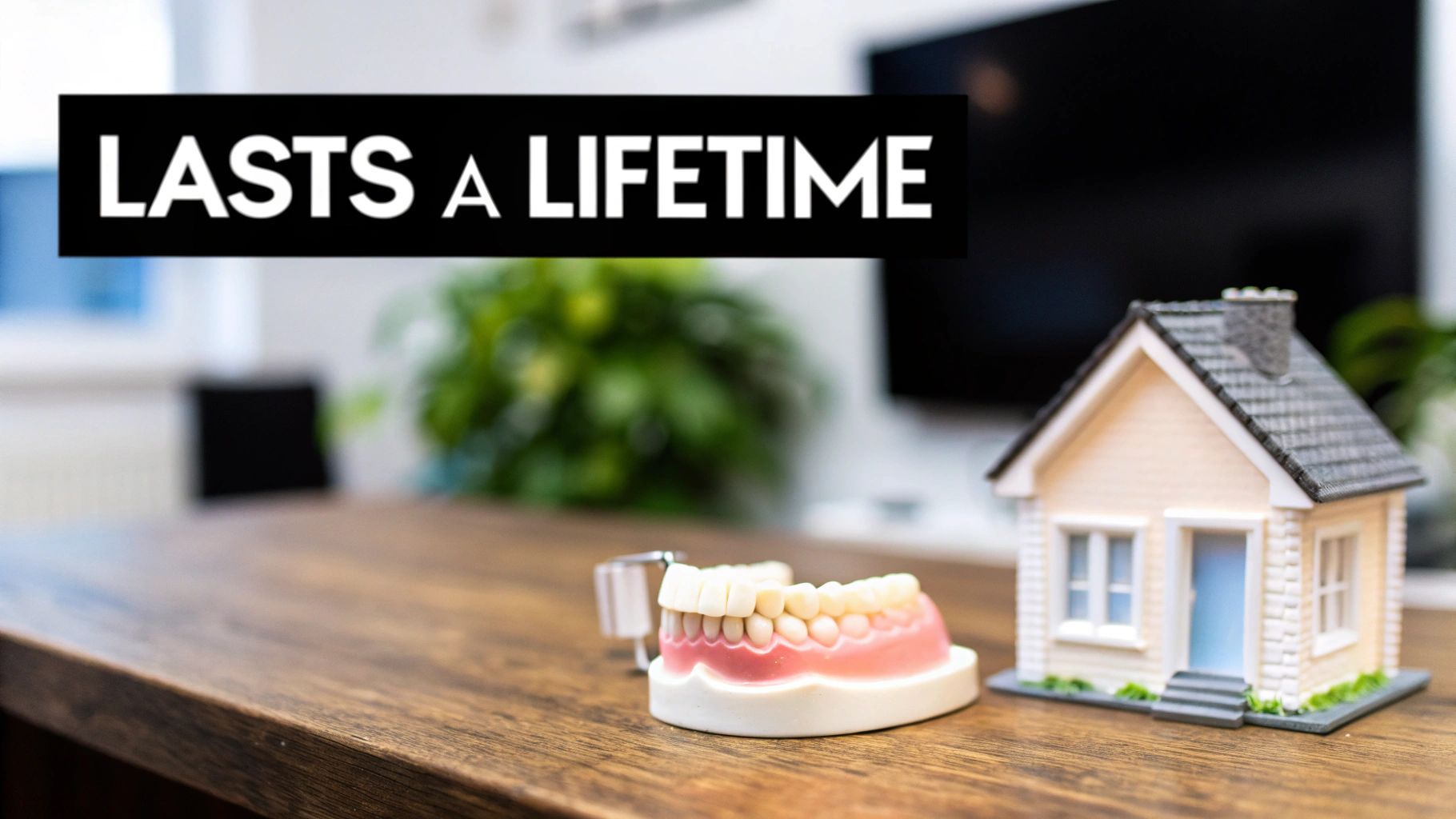 A dental model and a miniature house on a wooden table with the text 'LASTS A LIFETIME' emphasizing durability.