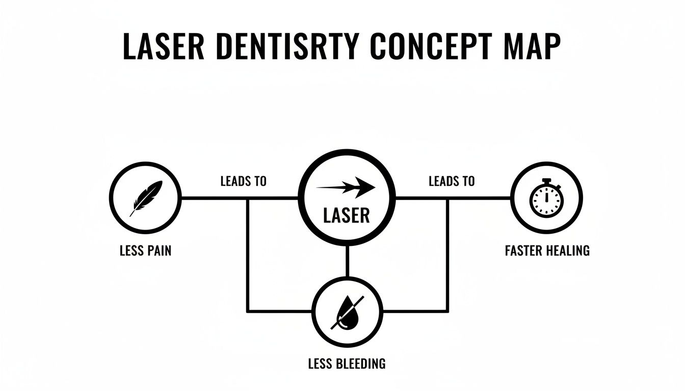 A concept map showing laser dentistry leads to less pain, faster healing, and less bleeding.