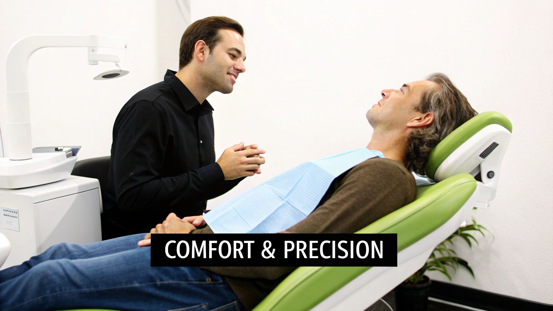 A smiling male dentist consults with a male patient in a modern dental chair.