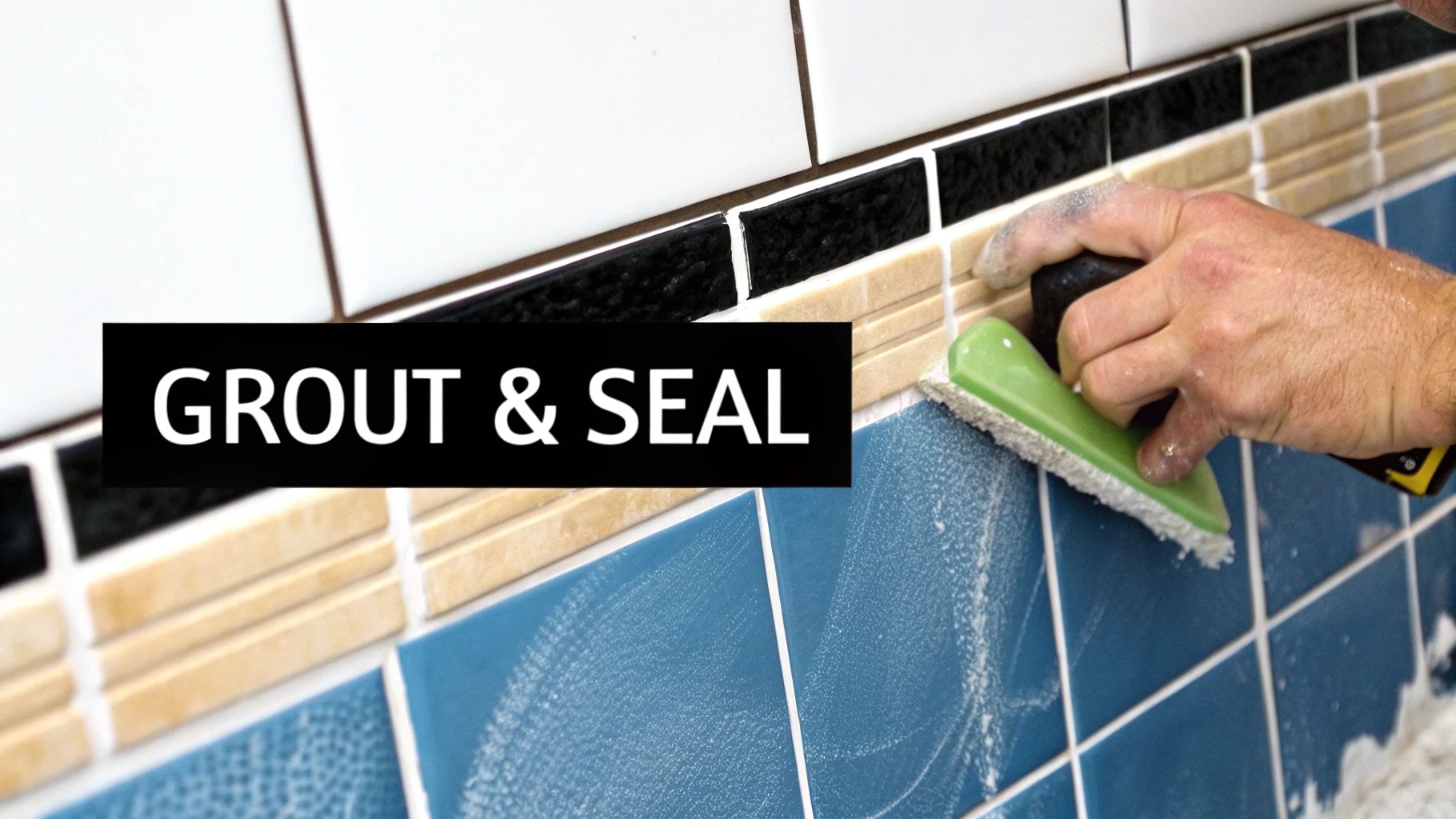 A person applying grout to newly installed shower wall tiles.