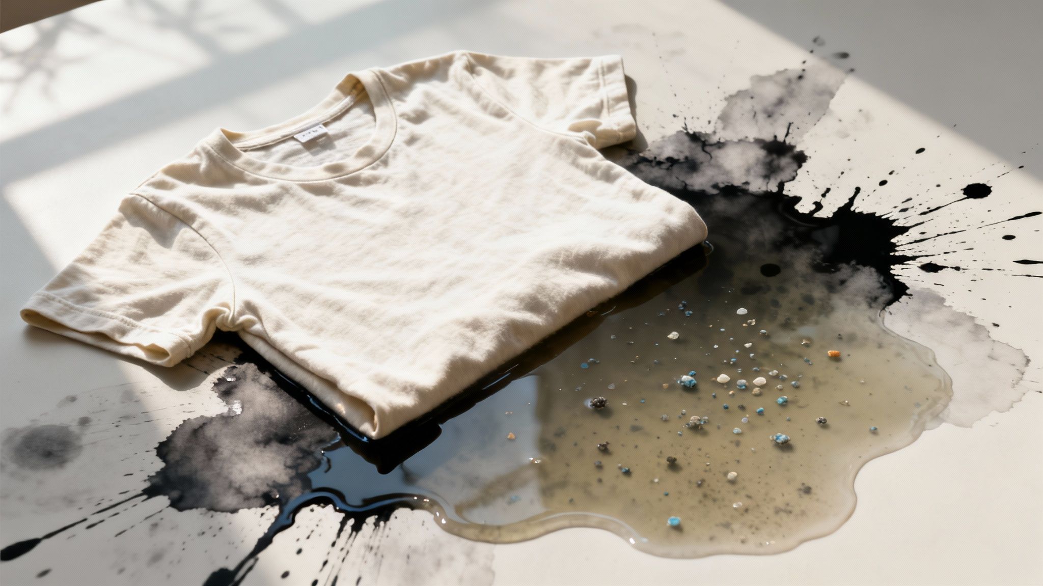Camiseta beige sobre una superficie manchada de tinta negra y líquido sucio con guijarros.