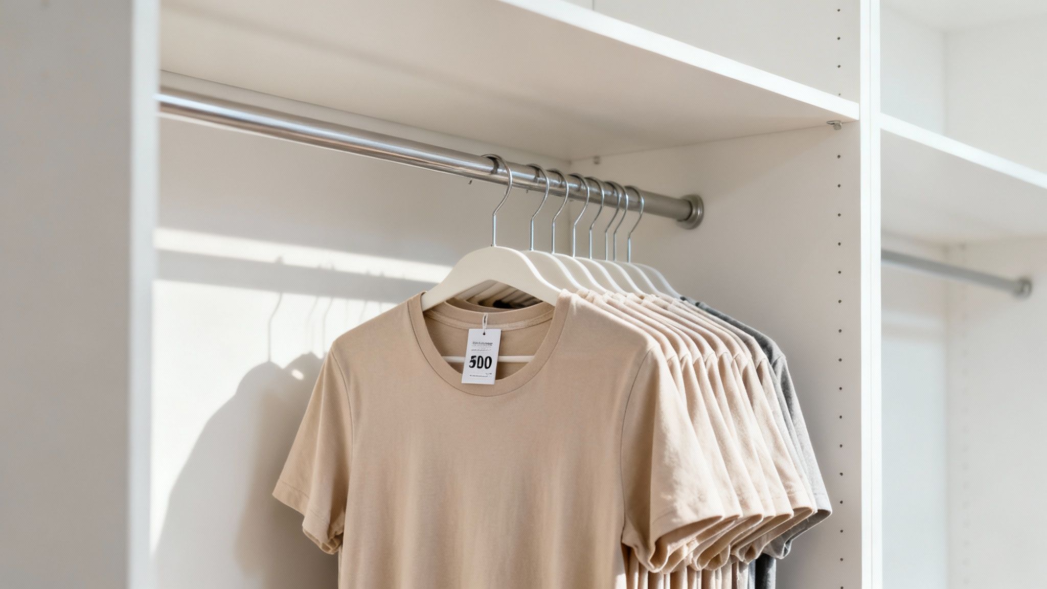 Camisetas beige y grises colgadas en perchas blancas sobre una barra plateada en un armario blanco.