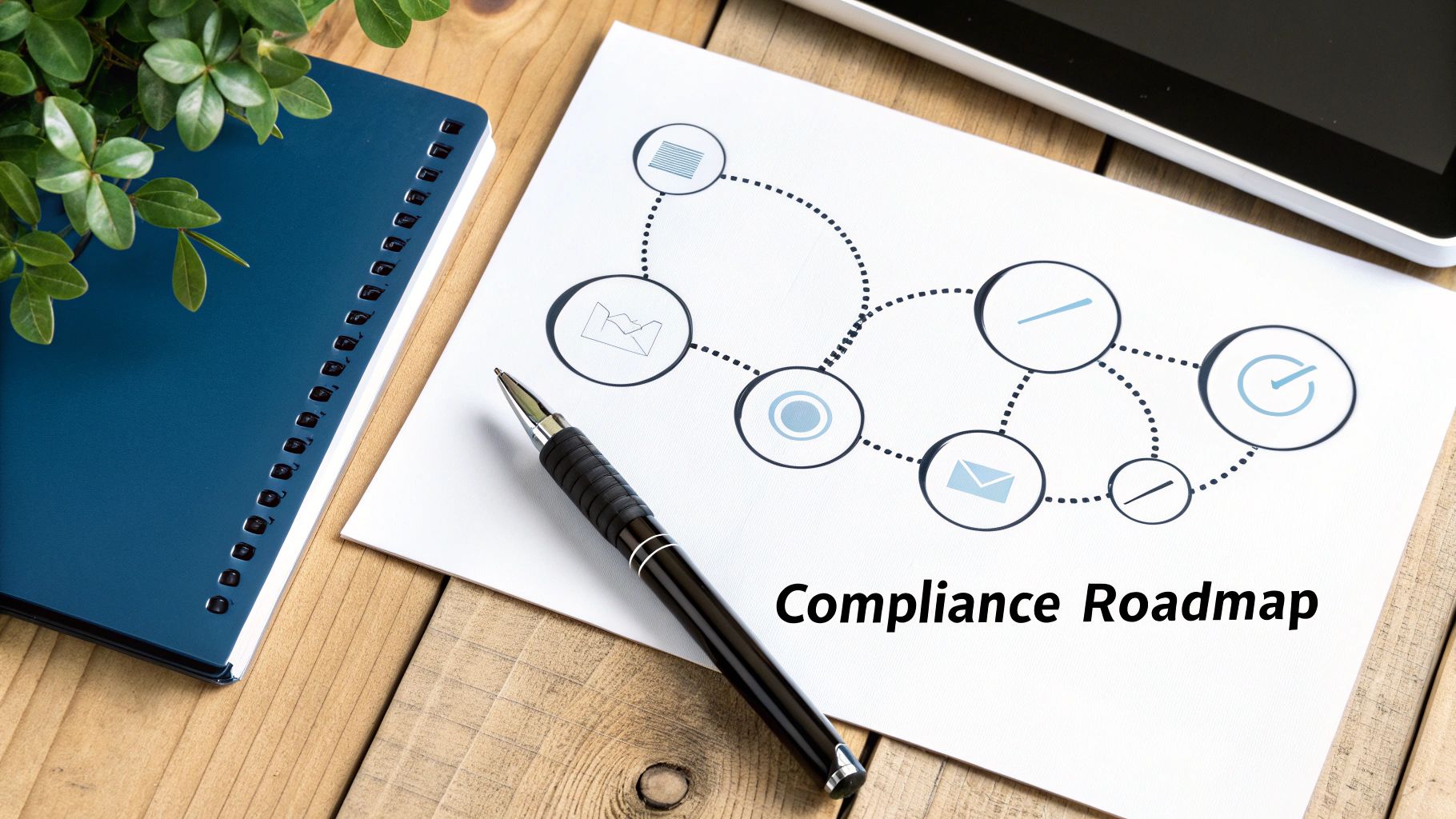 Overhead view of a a compliance roadmap document with a pen, notebook, and tablet on a wooden desk.
