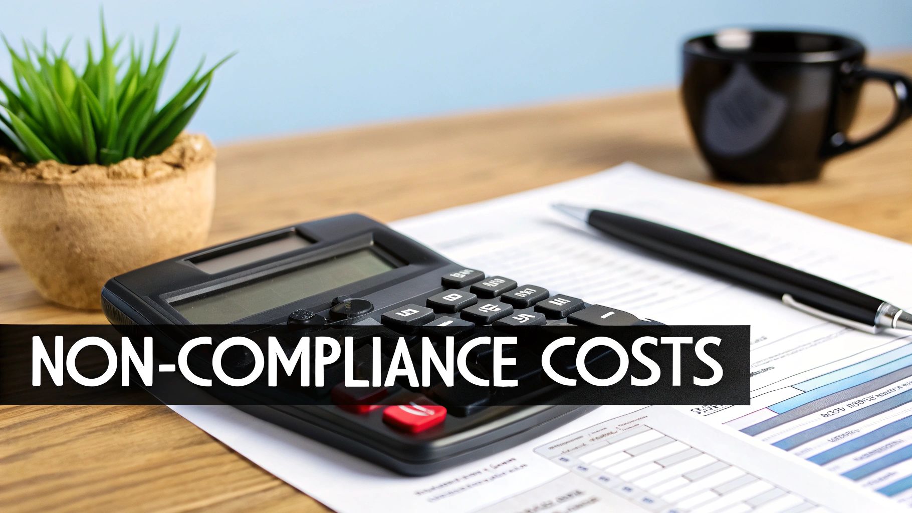 A calculator, pen, and documents on a wooden desk with text 'NON-COMPLIANCE COSTS' overlaid.