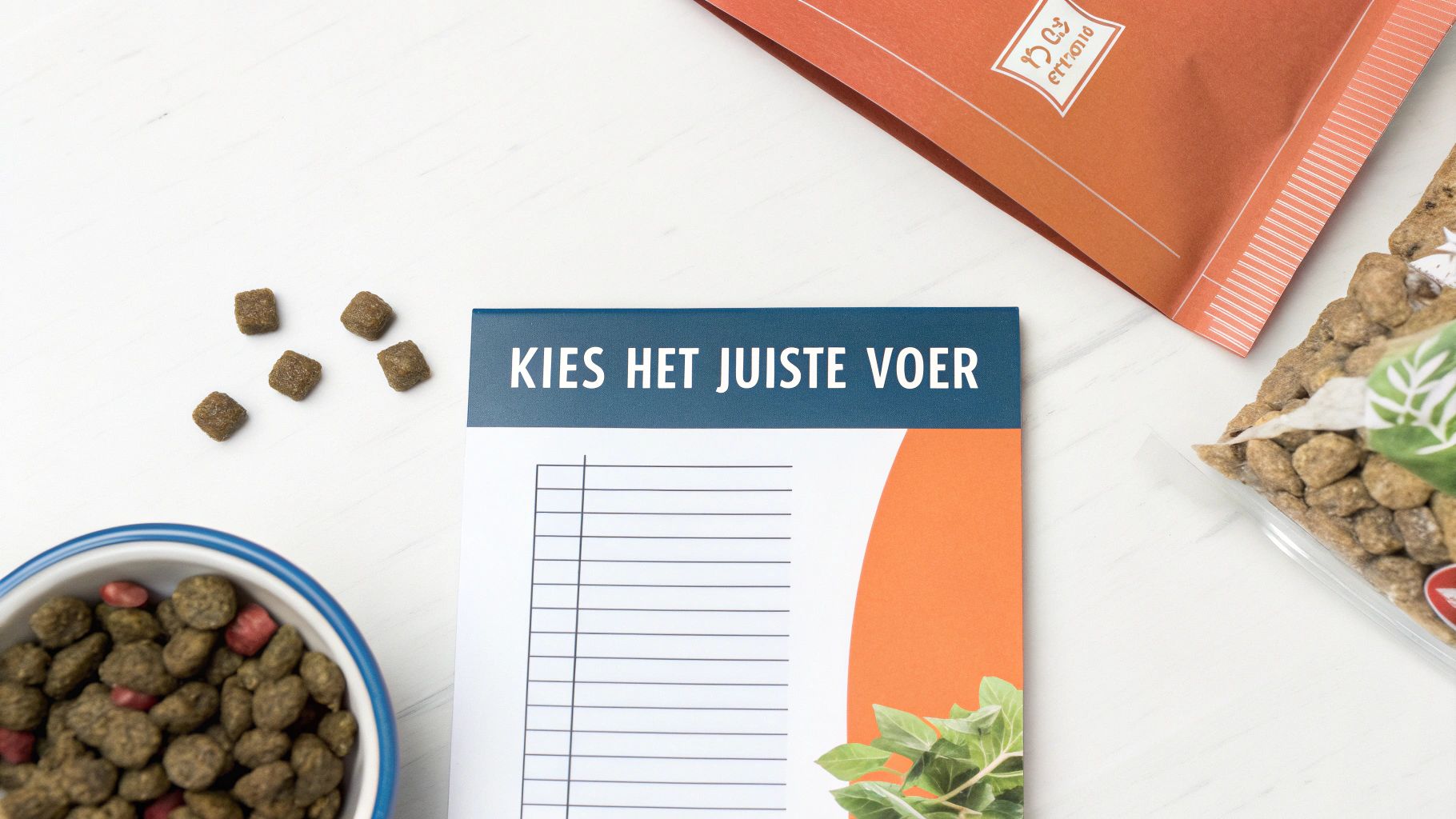 Een kom met hondenbrokken, losse brokken en een notitieboekje met de tekst 'Kies het juiste voer'.