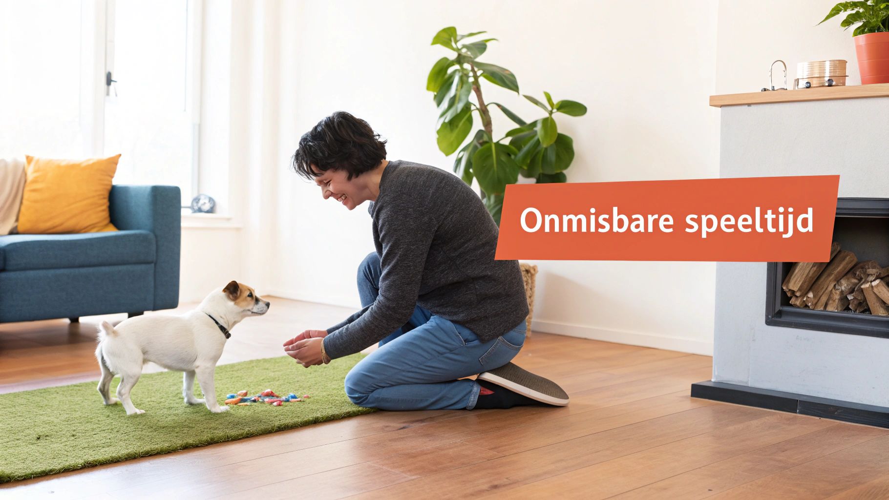 Een lachende vrouw knielt op de vloer en speelt met haar kleine hondje in een gezellige woonkamer.