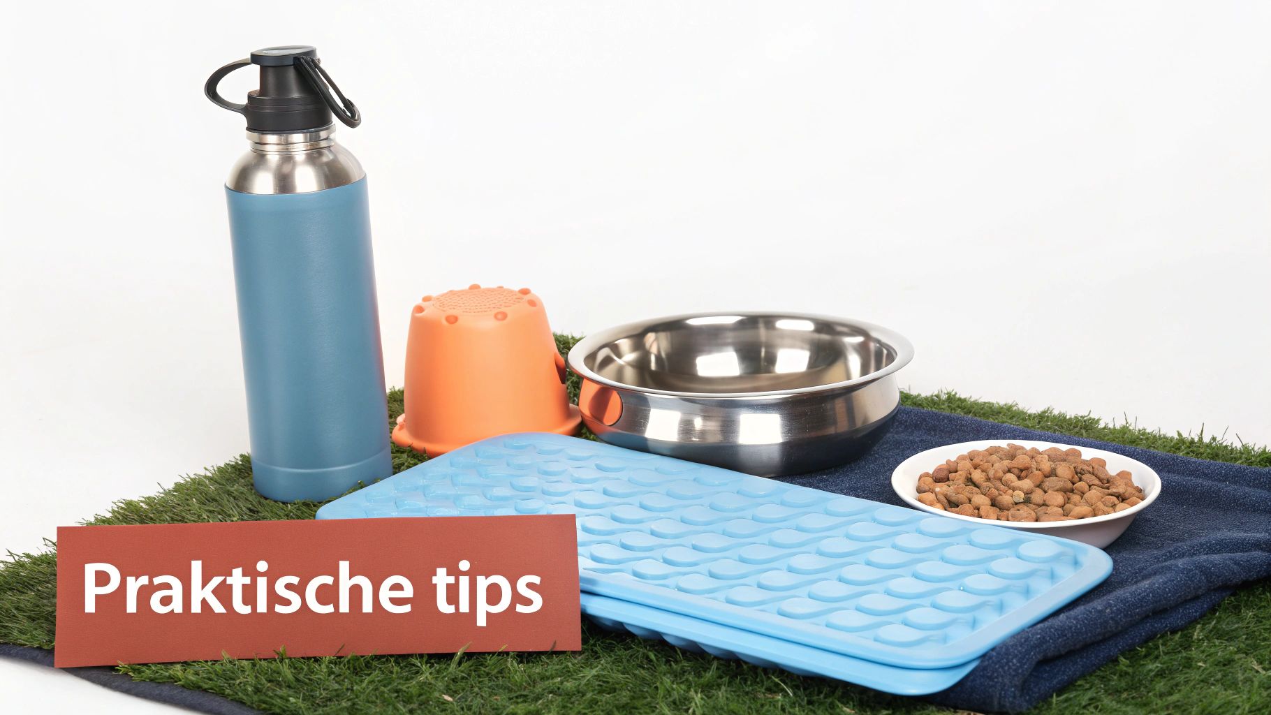 Benodigdheden voor honden met een waterfles, voerbakken, hondenvoer en mat op kunstgras, met 'Praktische tips' kaart.