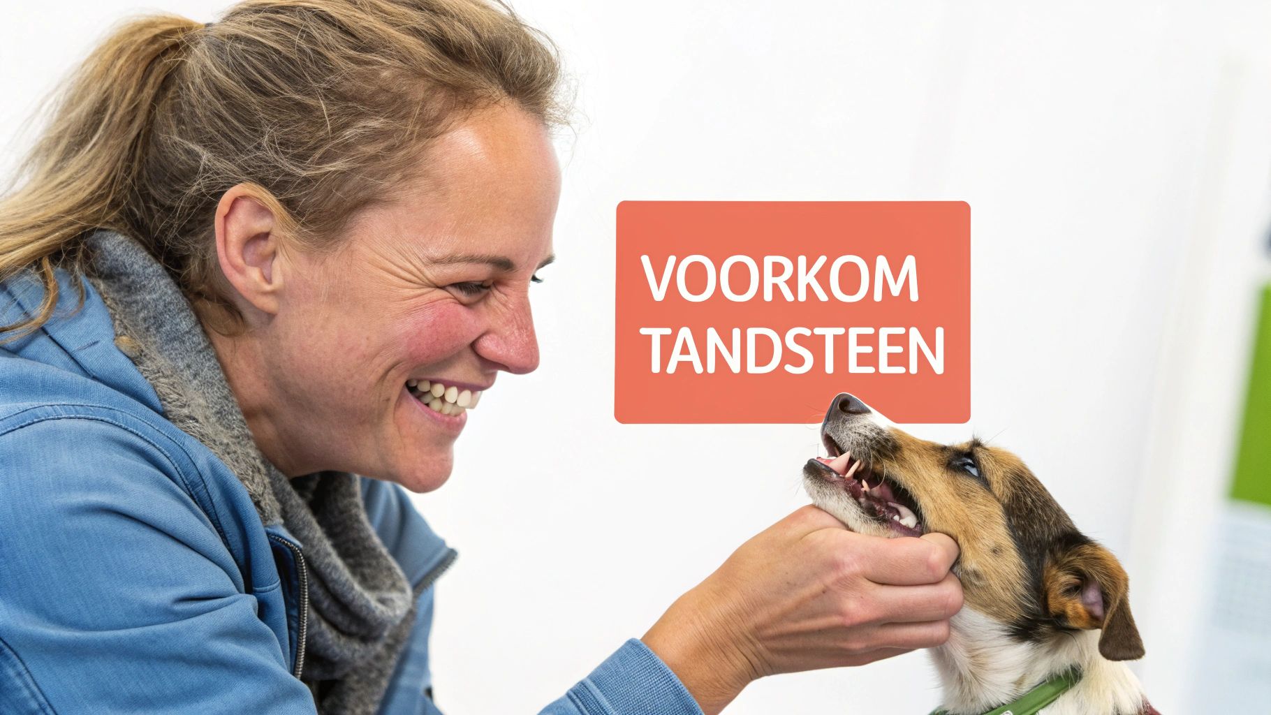Een lachende vrouw controleert de tanden van een hond, met de tekst "VOORKOM TANDSTEEN".