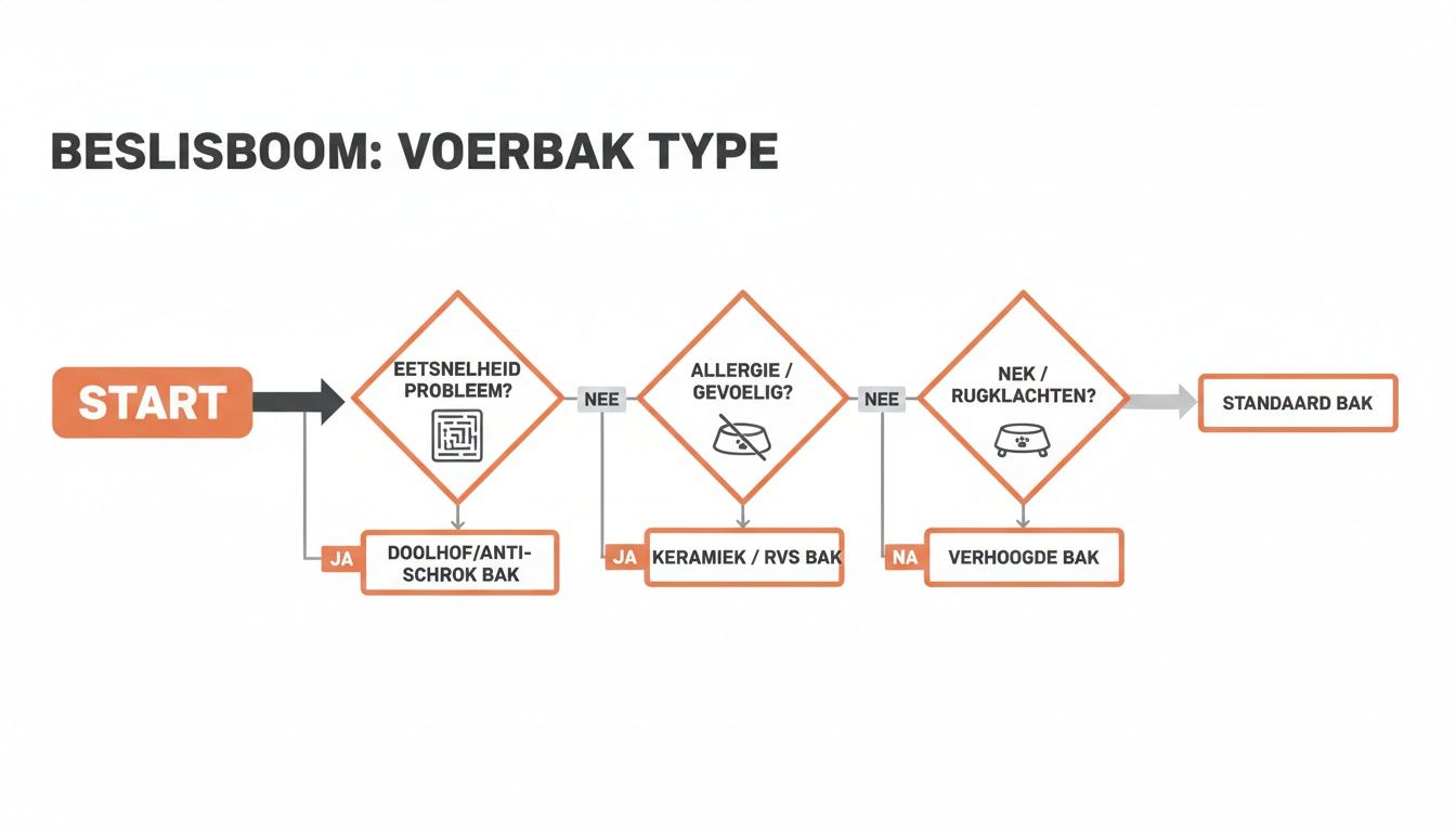 Een beslisboom die helpt bij het kiezen van het juiste type voerbak voor een hond, gebaseerd op verschillende behoeften.