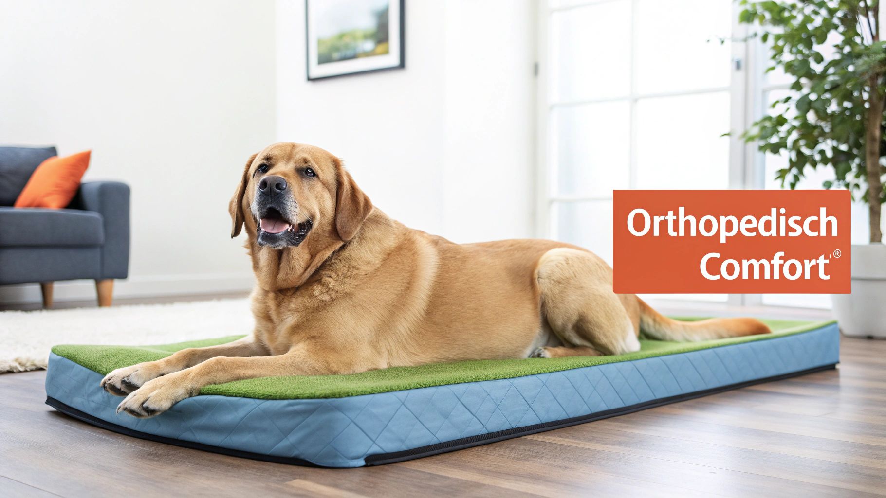 Een blije golden retriever ligt ontspannen op een orthopedisch hondenbed, met 'Orthopedisch Comfort' in beeld.