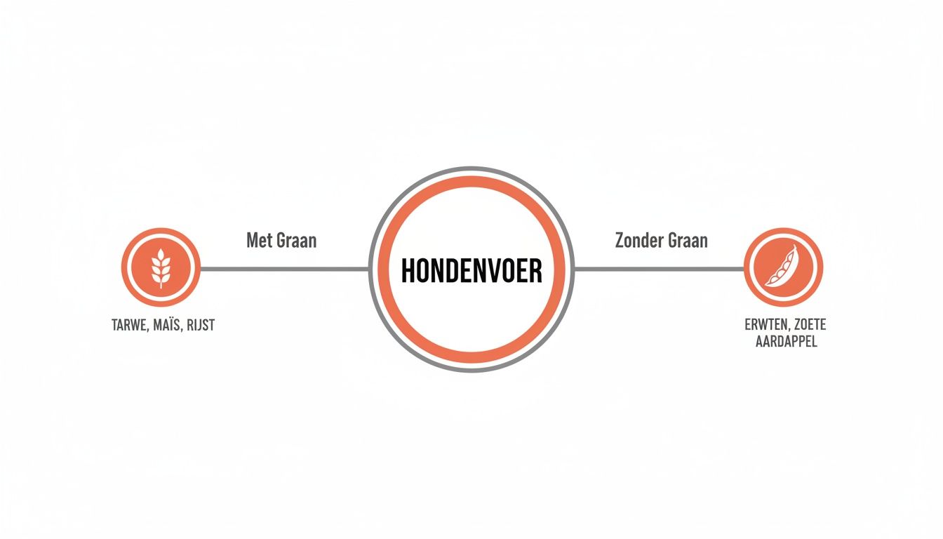 Infographic: hondenvoer opties met en zonder graan. Met graan: tarwe, maïs, rijst. Zonder graan: erwten, zoete aardappel.
