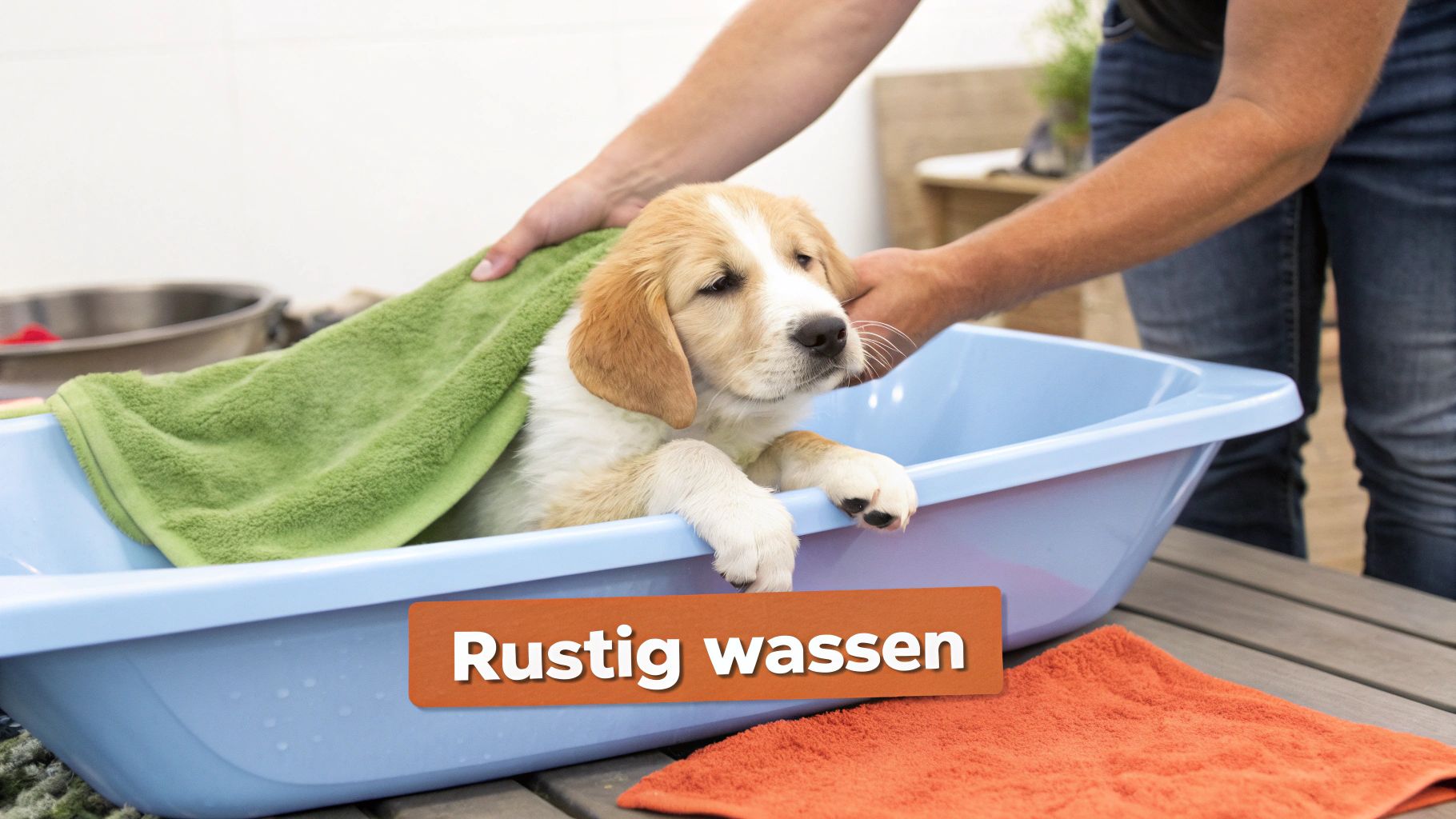 Een persoon droogt een schattige puppy in een blauwe badkuip met een groene handdoek na het wassen.